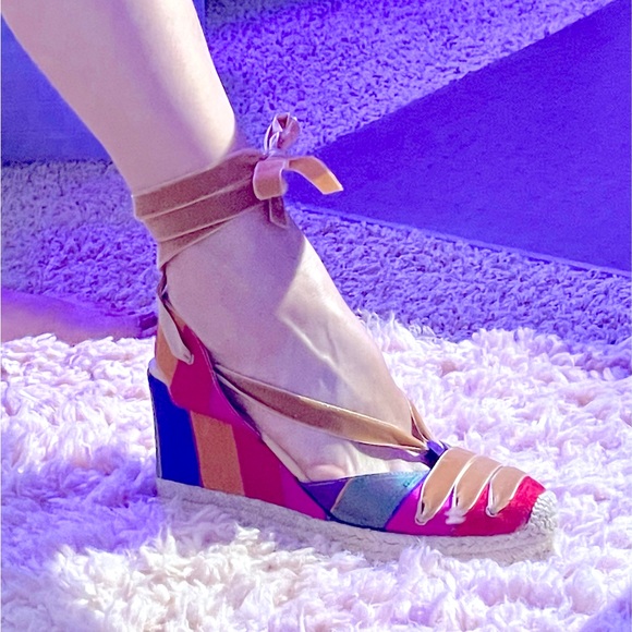 Carmen Saiz 9 made in Spain Euro 40 wedge Silk shoe leather Velvet ankle ribbon - Picture 1 of 16